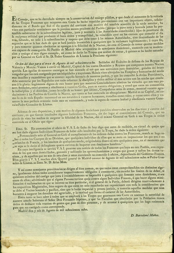 Bando del Consejo al pueblo de Madrid, insistiendo en evitar desrdenes y vejaciones contra los civiles franceses, prohibiendo tensiones tumultuarias y pidiendo contencin a las tropas espaolas