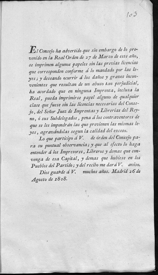 Traslado de orden del Consejo prohibiendo a las imprentas publicar sin licencia