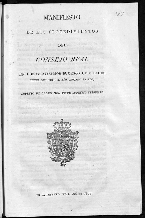 Manifiesto de los procedimientos del Consejo Real en los gravsimos sucesos ocurridos desde octubre del ao pasado