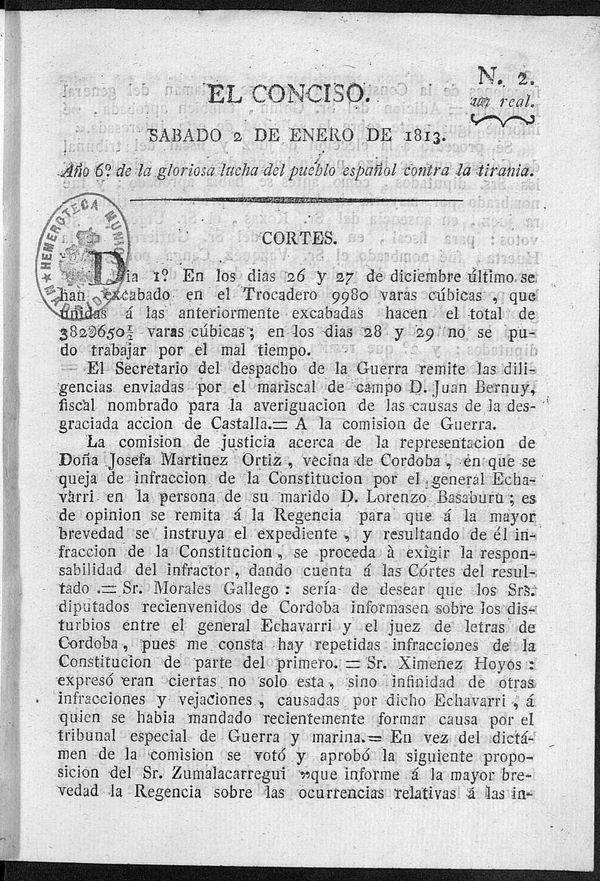 El Conciso. Sbado 2 de Enero de 1813. Ao 6 de la gloriosa lucha del pueblo espaol contra la tirana
