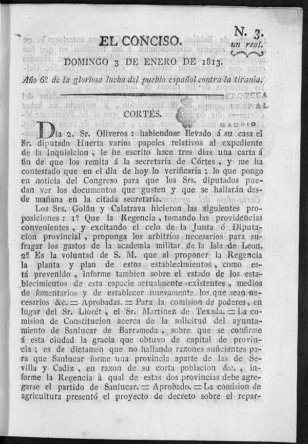 El Conciso. Domingo 3 de Enero de 1813. Ao 6 de la gloriosa lucha del pueblo espaol contra la tirana