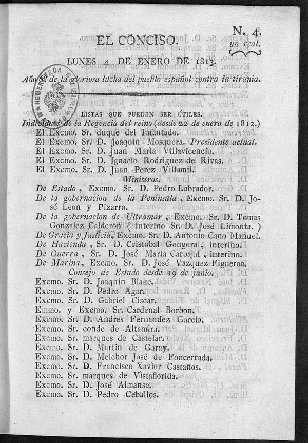 El Conciso. Lunes 4 de Enero de 1813. Ao 6 de la gloriosa lucha del pueblo espaol contra la tirana