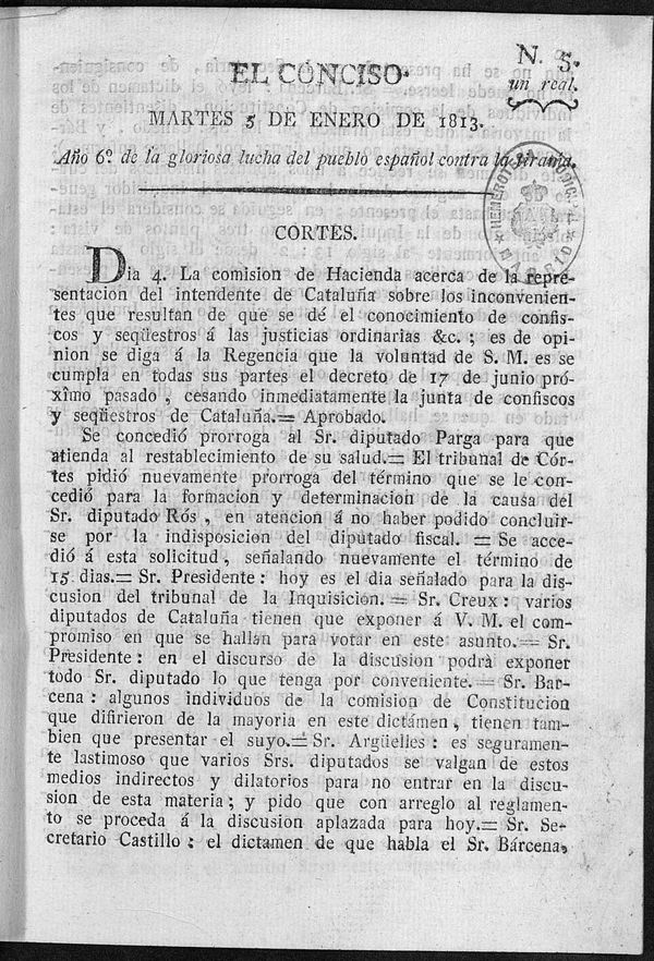 El Conciso. Martes 5 de Enero de 1813. Ao 6 de la gloriosa lucha del pueblo espaol contra la tirana