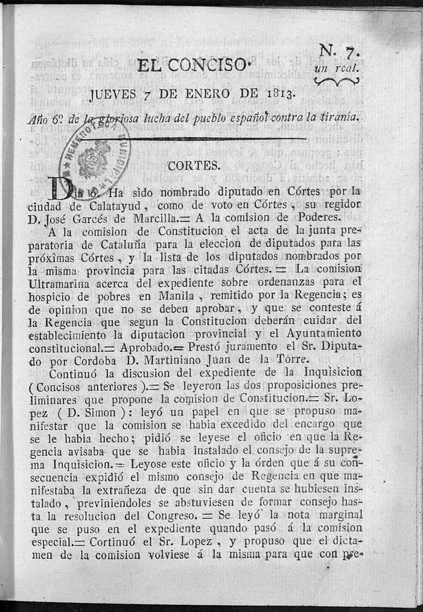 El Conciso. Jueves 7 de Enero de 1813. Ao 6 de la gloriosa lucha del pueblo espaol contra la tirana