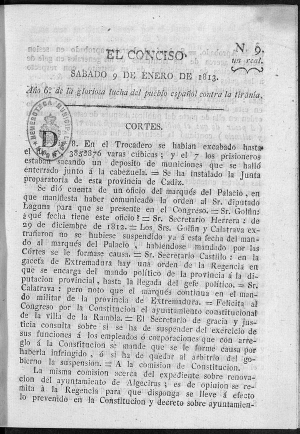 El Conciso. Sbado 9 de Enero de 1813. Ao 6 de la gloriosa lucha del pueblo espaol contra la tirana