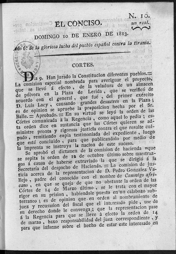 El Conciso. Domingo 10 de Enero de 1813. Ao 6 de la gloriosa lucha del pueblo espaol contra la tirana