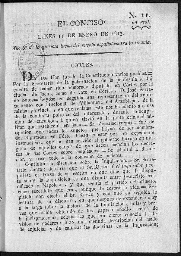 El Conciso. Lunes 11 de Enero de 1813. Ao 6 de la gloriosa lucha del pueblo espaol contra la tirana
