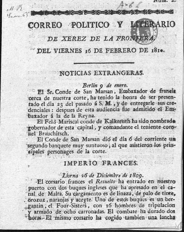 Correo Político y Literario de Xerez de la Frontera del viernes 16 de febrero de 1810