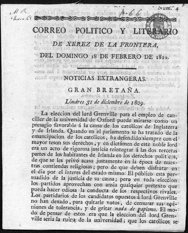 Correo Poltico y Literario de Xerez de la Frontera del domingo 18 de febrero de 1810.