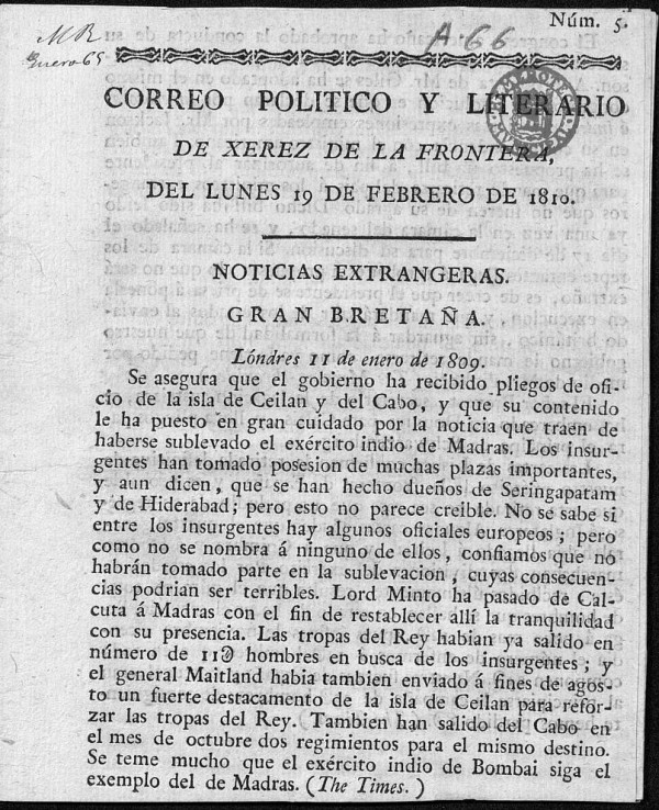 Correo Poltico y Literario de Xerez de la Frontera del lunes 19 de febrero de 1810.