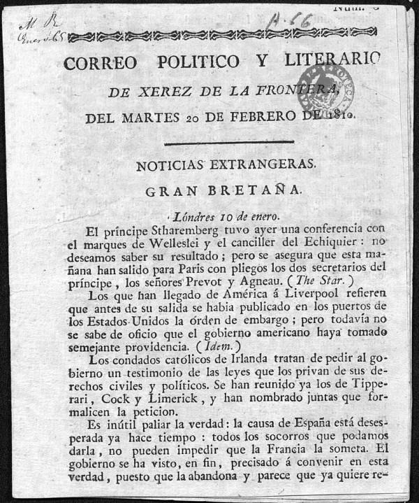 Correo Poltico y Literario de Xerez de la Frontera del martes 20 de febrero de 1810.