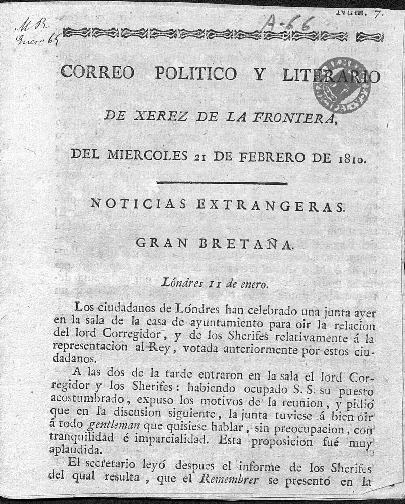 Correo Político y Literario de Xerez de la Frontera del miércoles 21 de febrero de 1810.