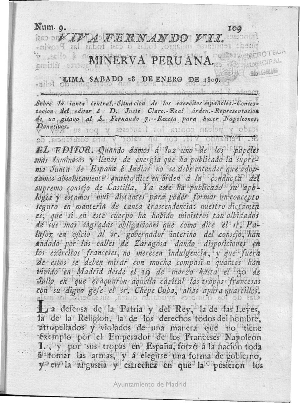Minerva peruana del 28 de enero de 1809
