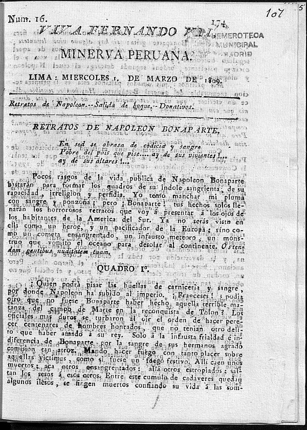 Minerva peruana del 1 de Marzo de 1809