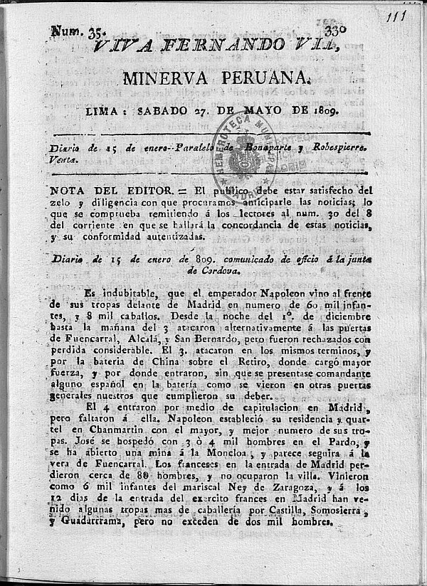 Minerva peruana del 27 de Mayo de 1809