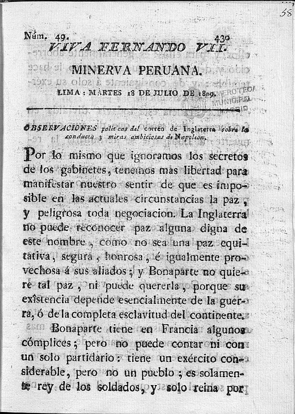 Minerva peruana del 18 de Julio de 1809
