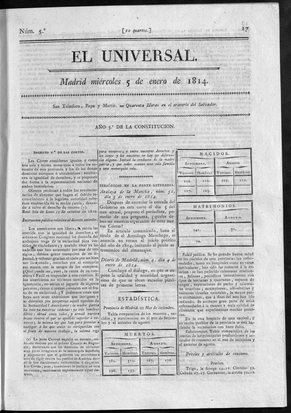 El Universal del mircoles 5 de enero de 1814