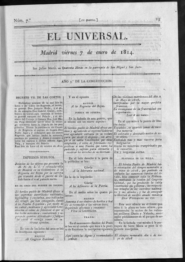 El Universal del viernes 7 de enero de 1814