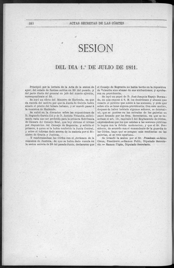 Actas de las Sesiones Secretas de las Cortes Generales Extraordinarias de la nación Española... (del 1 al 31 de julio de 1811)
