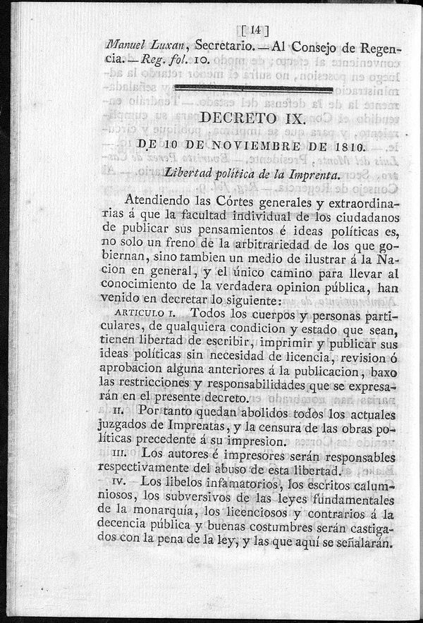 Decreto de 10/11/1810. Libertad poltica de la Imprenta.