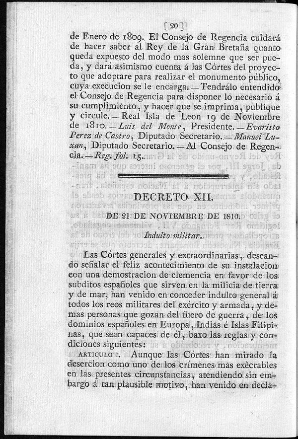 Decreto de 21/11/1810. Indulto militar.
