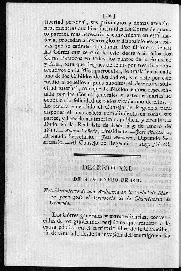 Decreto de 14/01/1811. Establecimiento de una Audiencia en la ciudad de Murcia para todo el territorio de la Chancillera de Granada.