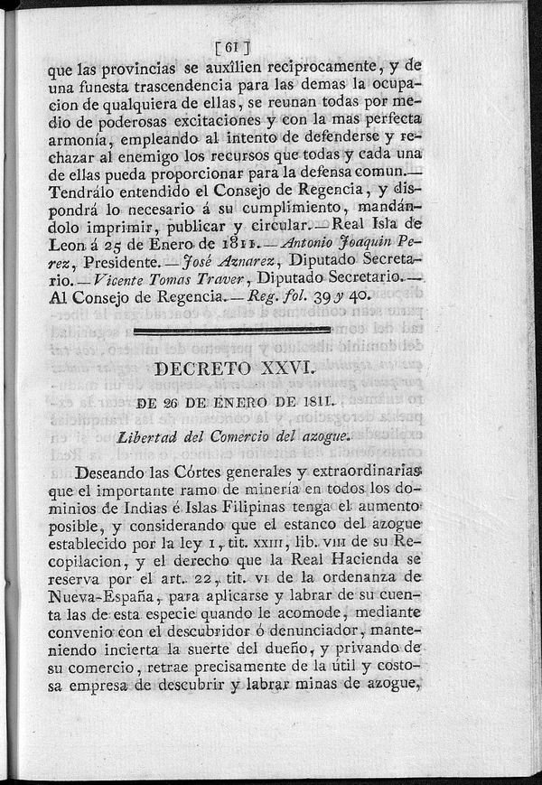 Decreto de 26/01/1811. Libertad del Comercio del azogue.