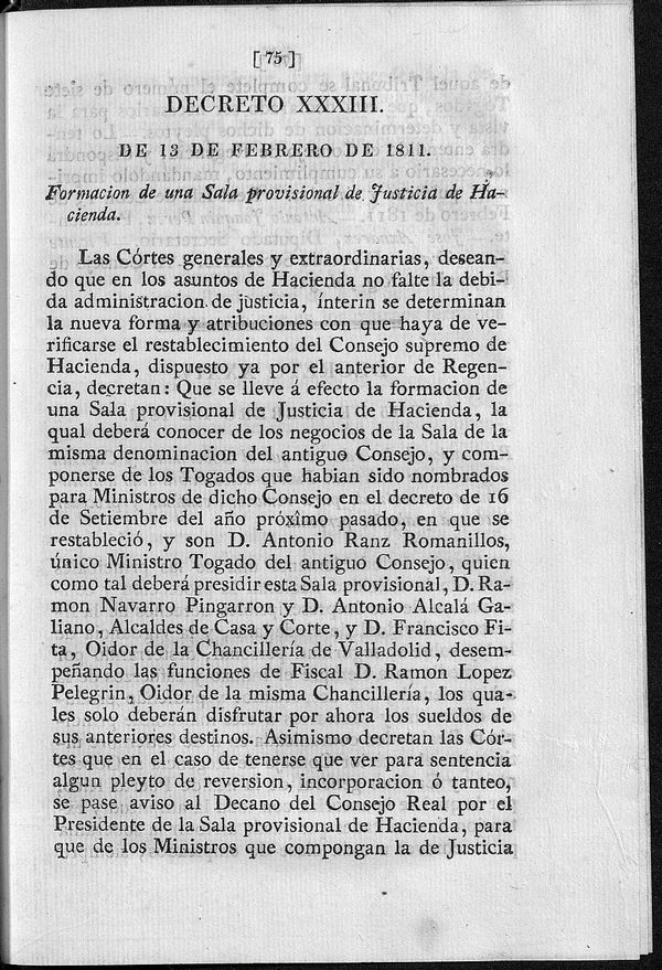 Decreto de 13/02/1811. Formación de una Sala provisional de Justicia de Hacienda.