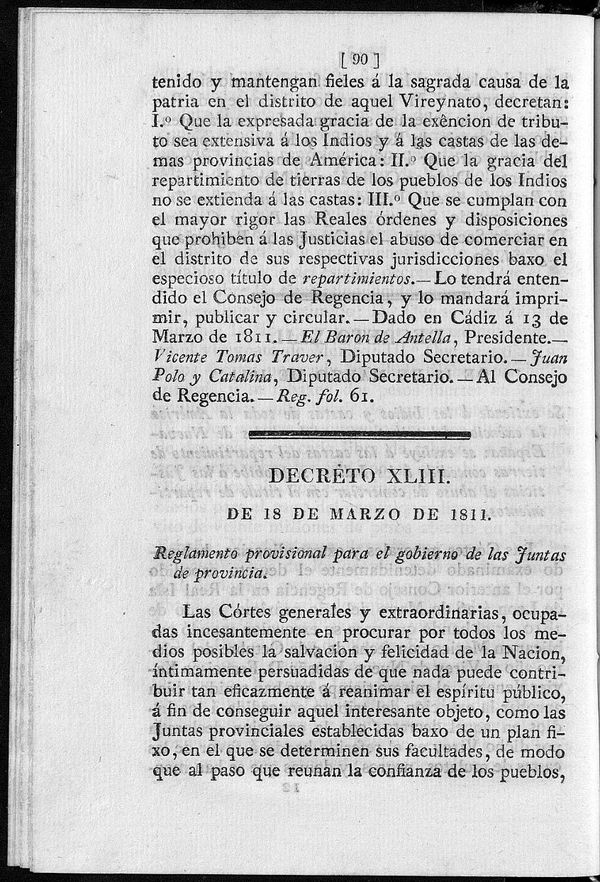 Decreto de 18/03/1811. Reglamento provisional para el gobierno de las Juntas de provincia.
