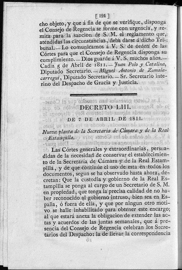 Decreto de 7/04/1811. Nueva planta de la Secretaria de Cmara y de la Real Estampilla.
