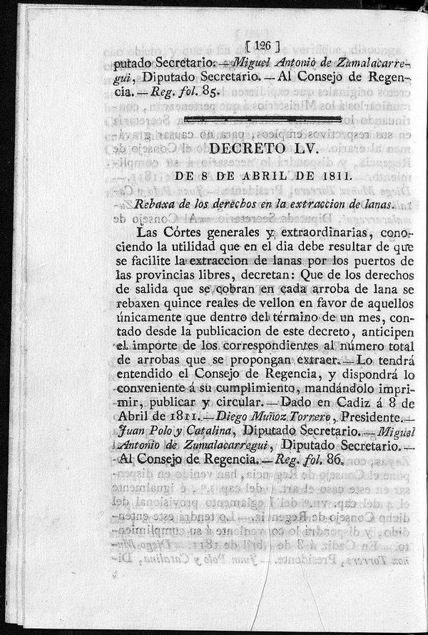 Decreto de 8/04/1811. Rebaxa de los derechos en la extraccin de lanas.