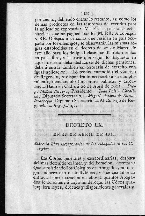 Decreto 22/04/1811. Sobre la libre incorporacin de los Abogados en sus Colegios.