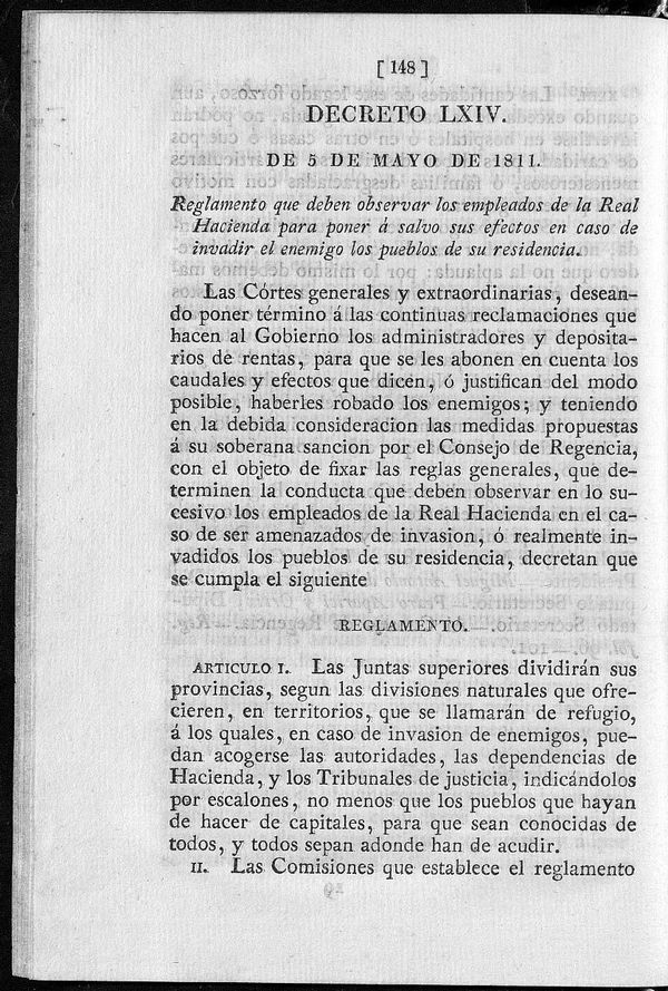 Decreto de /05/1811. Reglamento que deben observar los empleados de la Real Hacienda para poner  salvo sus efectos en caso de invadir el enemigo los pueblos de su residencia.