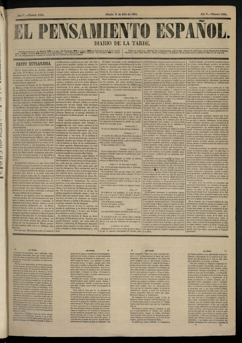 El Pensamiento Español del 2 de julio de 1864, nº 1384