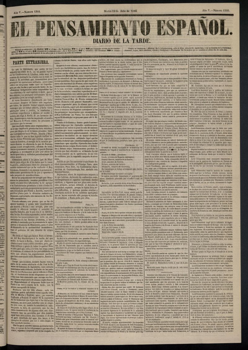 El Pensamiento Español del 12 de julio de 1864, nº 1392