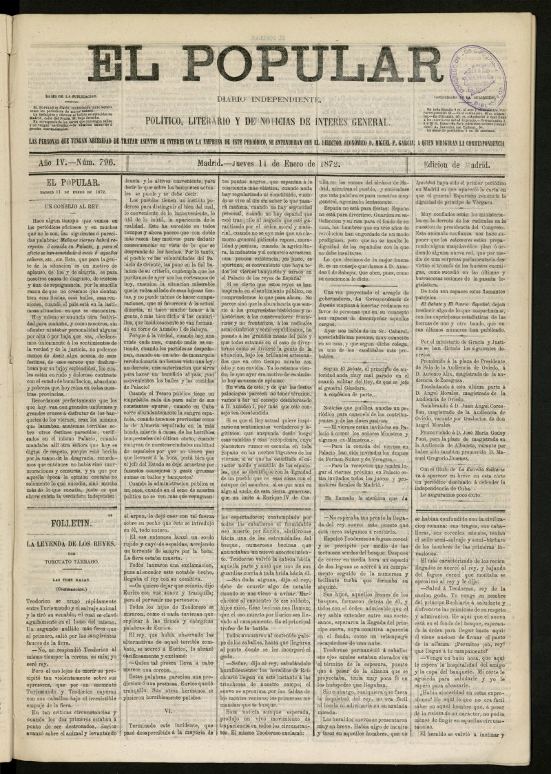 El Popular: diario independiente, poltico, literario y de noticias de inters general del 11 de enero de 1872, n 796