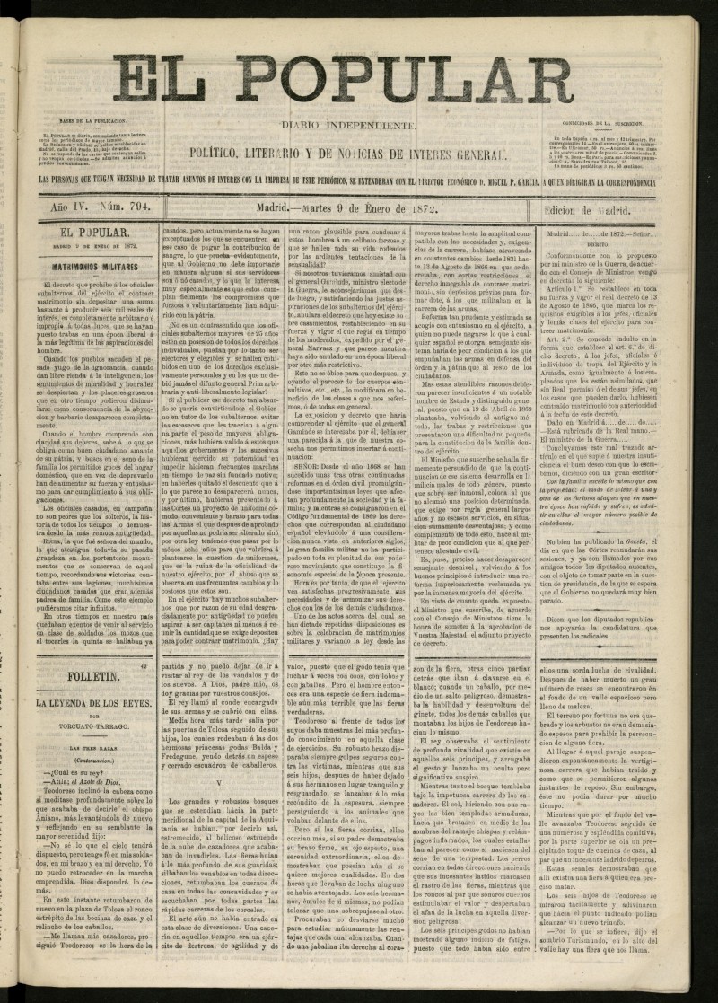 El Popular: diario independiente, poltico, literario y de noticias de inters general del 9 de enero de 1872, n 794