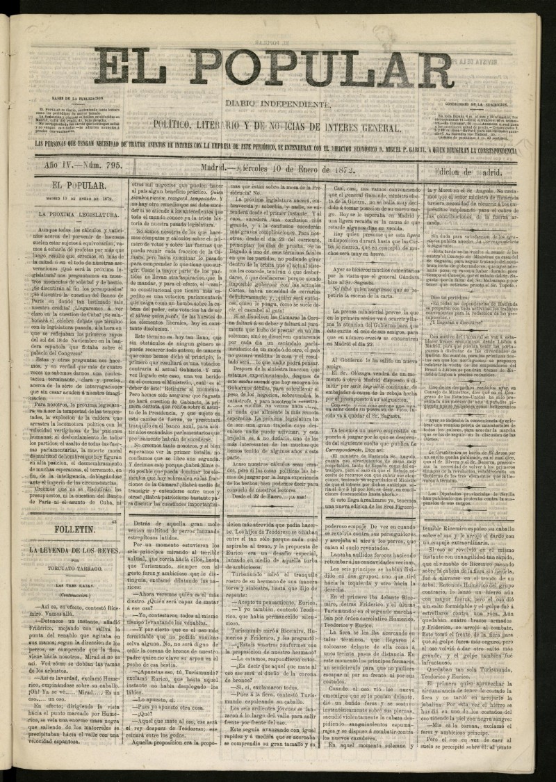 El Popular: diario independiente, poltico, literario y de noticias de inters general del 10 de enero de 1872, n 795