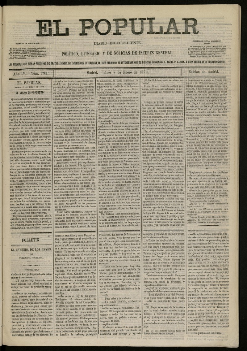 El Popular: diario independiente, poltico, literario y de noticias de inters general del 8 de enero de 1872, n 793