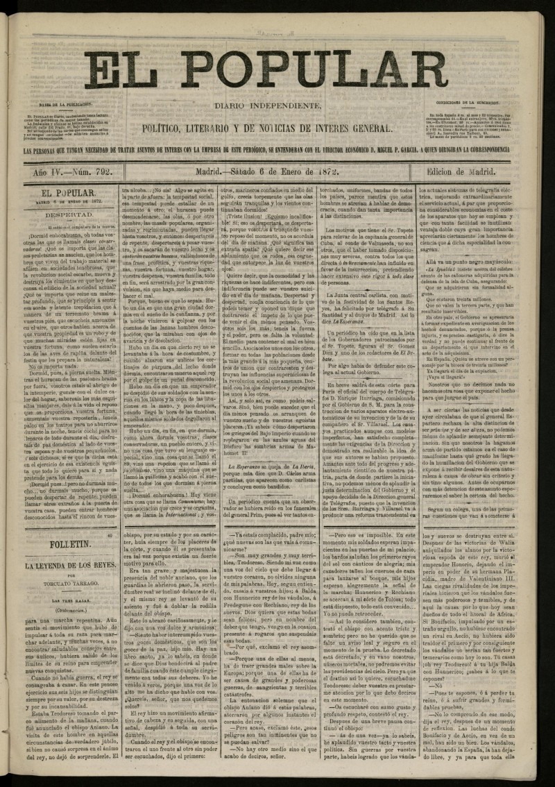 El Popular: diario independiente, poltico, literario y de noticias de inters general del 6 de enero de 1872, n 792