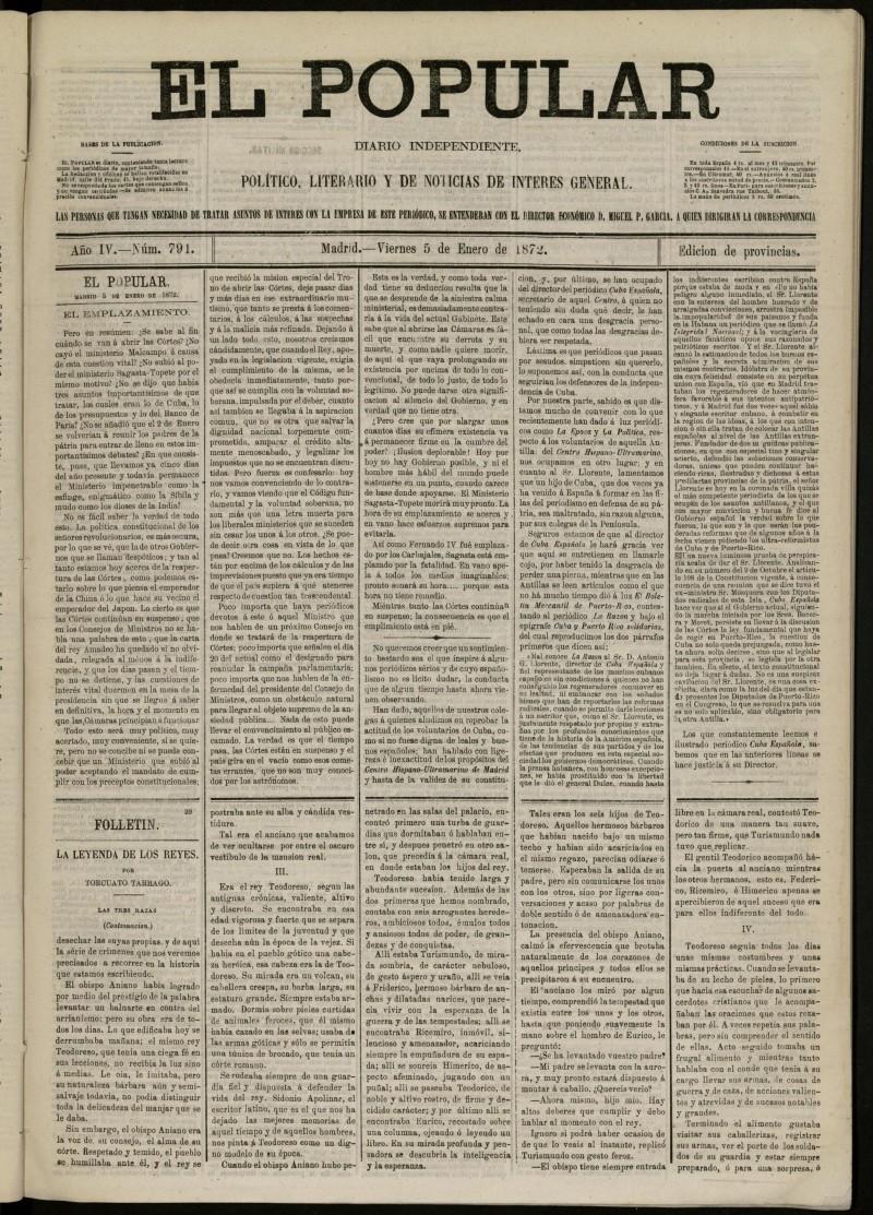 El Popular: diario independiente, poltico, literario y de noticias de inters general del 5 de enero de 1872, n 791