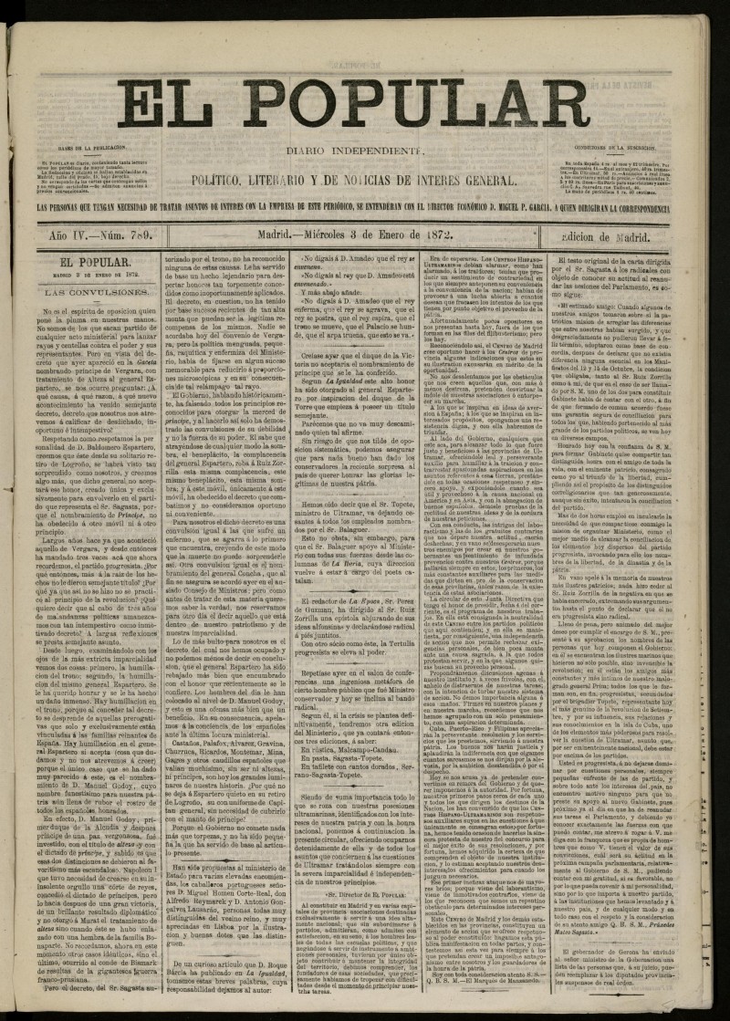El Popular: diario independiente, poltico, literario y de noticias de inters general del 3 de enero de 1872, n 789