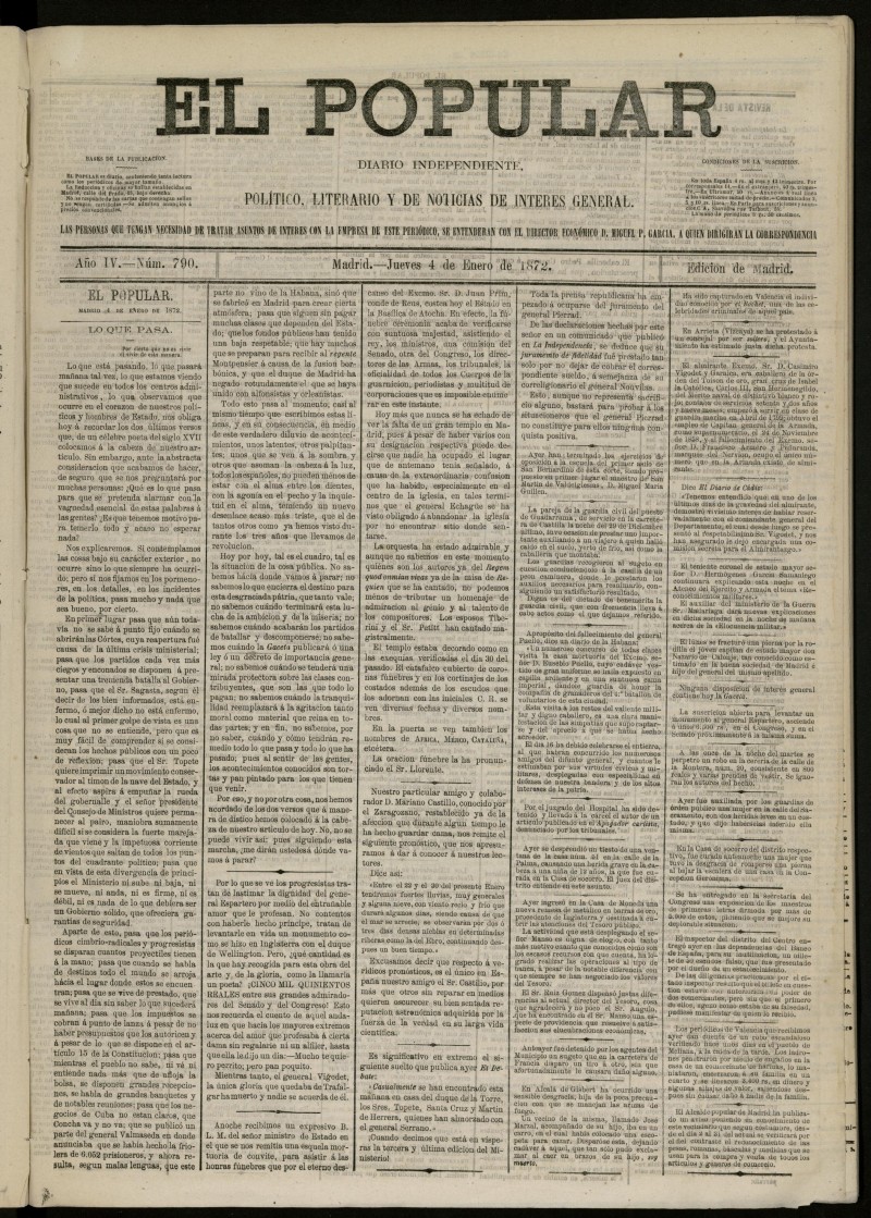 El Popular: diario independiente, poltico, literario y de noticias de inters general del 4 de enero de 1872, n 790