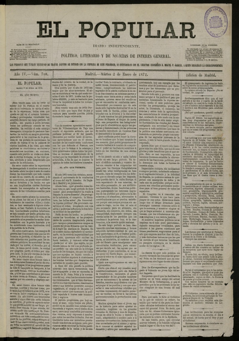 El Popular: diario independiente, poltico, literario y de noticias de inters general del 2 de enero de 1872, n 788