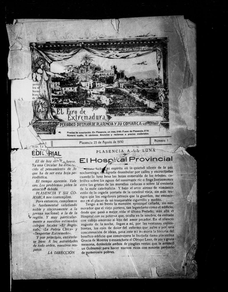 El Faro de Extremadura : peridico defensor de Plasencia y su comarca del 23 de agosto de 1930, n 1