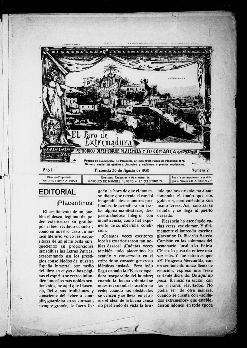 El Faro de Extremadura : peridico defensor de Plasencia y su comarca del 30 de agosto de 1930, n 2