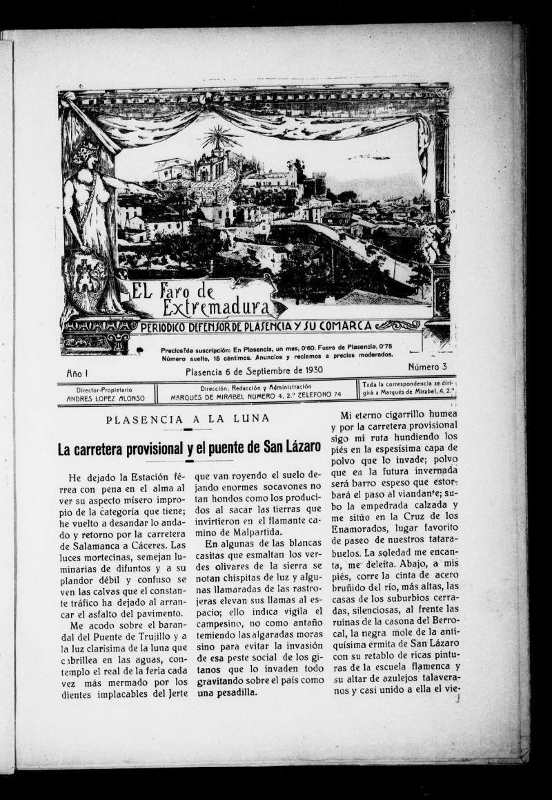 El Faro de Extremadura : peridico defensor de Plasencia y su comarca del 6 de septiembre de 1930, n 3