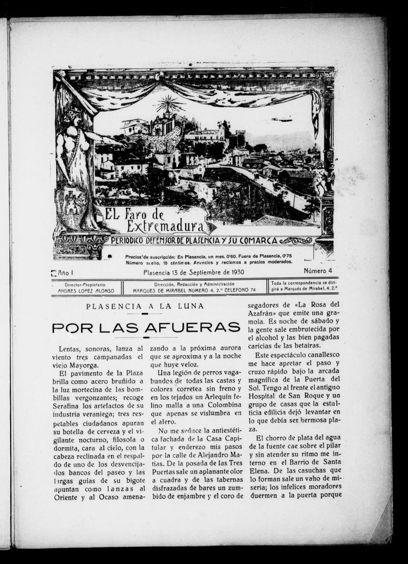 El Faro de Extremadura : peridico defensor de Plasencia y su comarca del 13 de septiembre de 1930, n 4