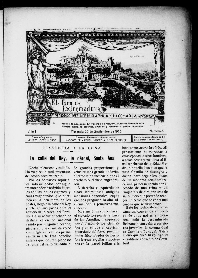 El Faro de Extremadura : peridico defensor de Plasencia y su comarca del 20 de septiembre de 1930, n 5