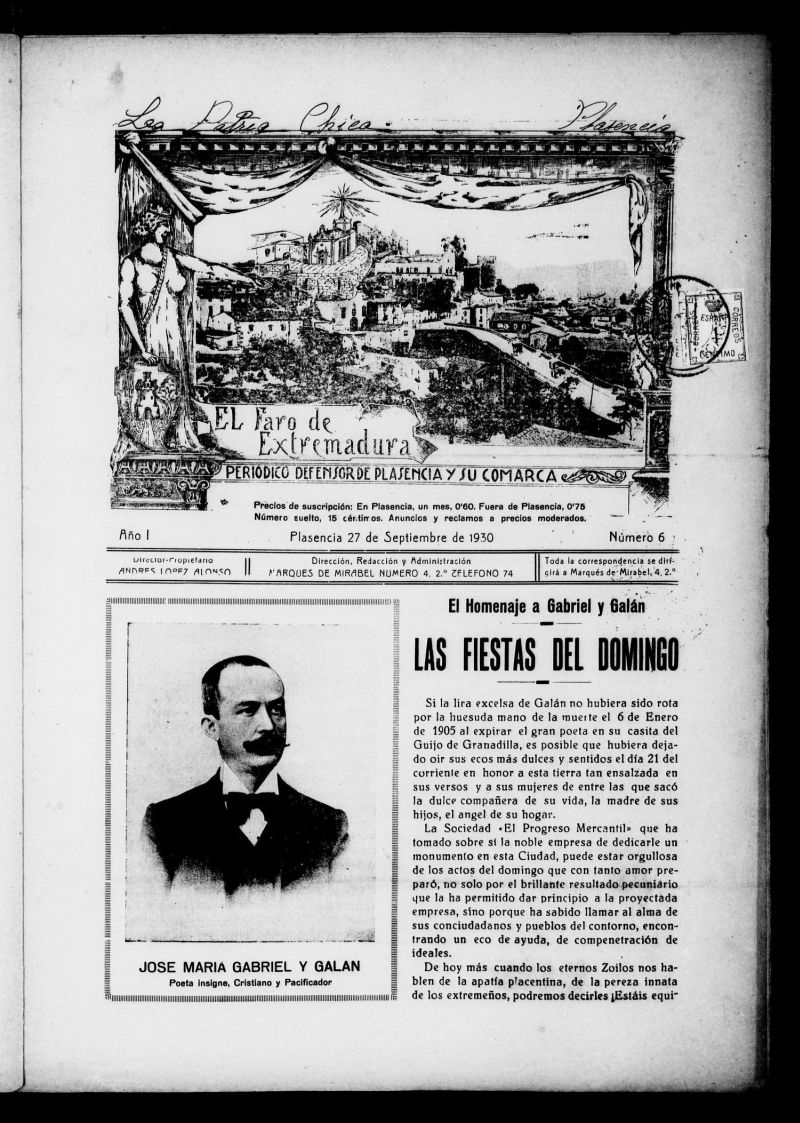 El Faro de Extremadura : peridico defensor de Plasencia y su comarca del 27 de septiembre de 1930, n 6